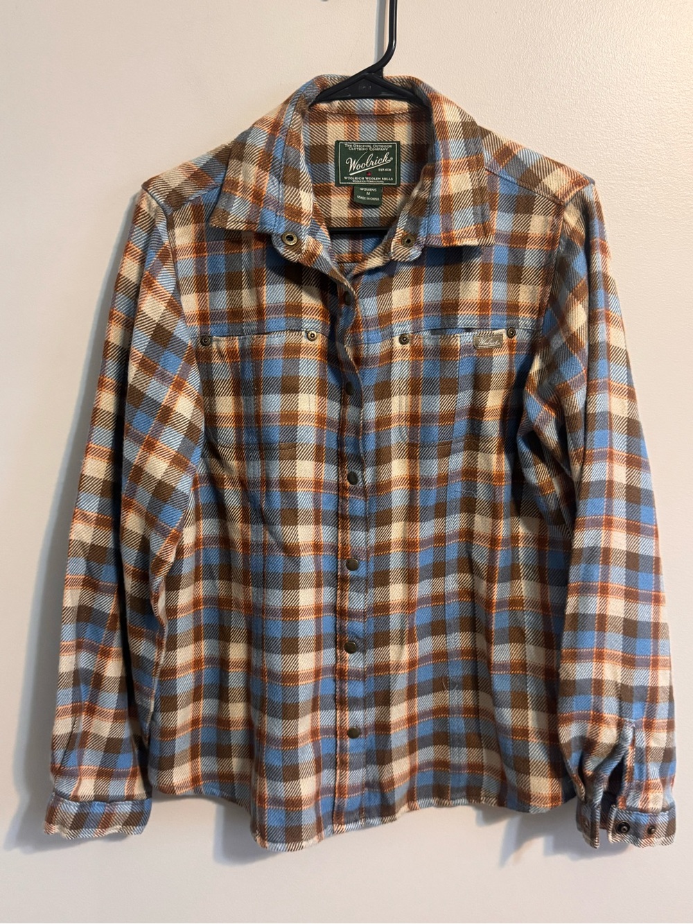 Woolrich Women’s M Plaid Flannel Snap Front Shirt Blue Brown Outdoor